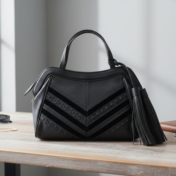 Isabella Fiore Black Leather Purse with Tassel Detail – 13x8.5” - Picture 1 of 9